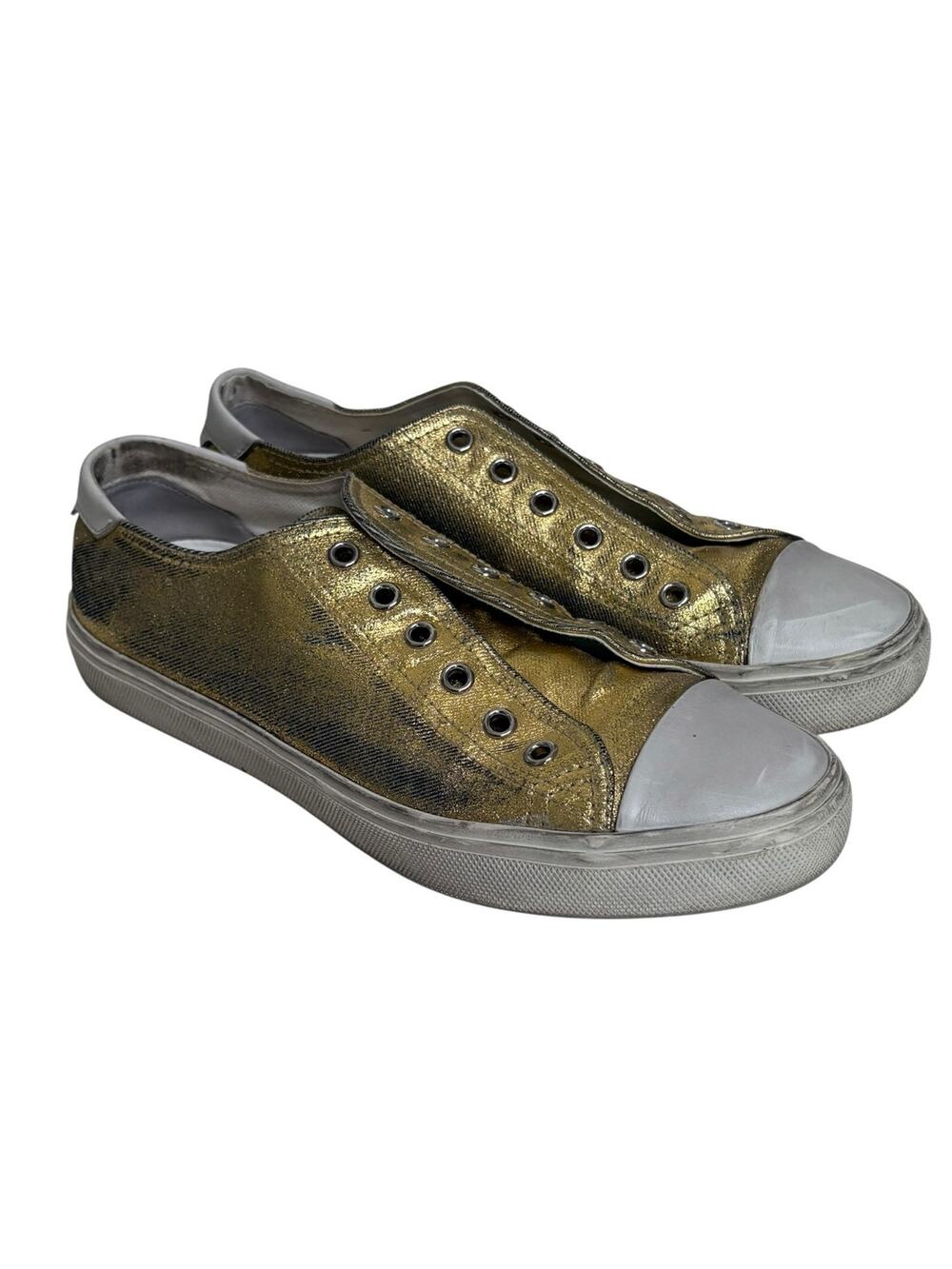 Saint Laurent YSL Bedford Gold Low Top Canvas Distressed Sneaker 38 8
